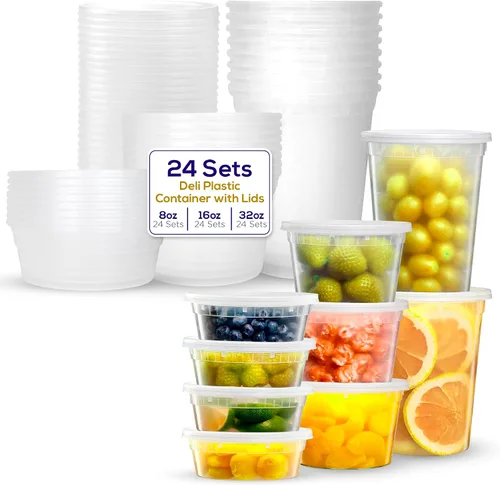 Supreme Deli Contenedores de almacenamiento de plástico con tapas, 8 onzas, 16 onzas, 32 onzas [8 juegos de cada uno – 24 paquetes combinados]