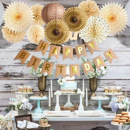 Vista 2 de Decoraciones de fiesta marrón crema marrón marrón rústico natural decoraciones de cumpleaños abanicos de papel de seda pompones rústicos para boda