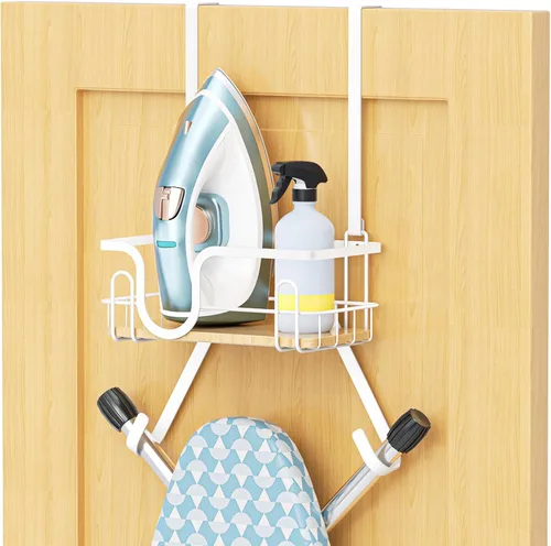 Vista 10 de Soporte para tabla de planchar para montaje en pared, colgador de tabla de planchar sobre la puerta con cesta de almacenamiento, soporte de hierro