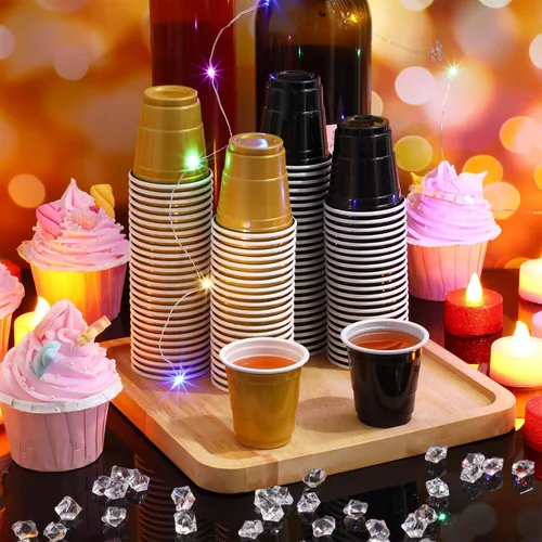 Vista 143 de Roshtia Paquete de 100 vasos de plástico de 2 onzas, mini vasos de chupito desechables de graduación de 2 onzas para fiesta de graduación, boda