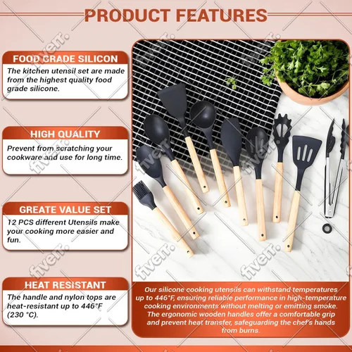 Vista 5 de Juego de utensilios de cocina de silicona de 37 piezas, herramientas de cocina antiadherentes de grado alimenticio con asas de madera, tazas