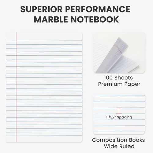 Vista 3 de Cuaderno de composición de mármol, paquete de 5 cuadernos de composición a granel con rayas anchas, 100 hojas (200 páginas) 7-1/2 x 9-3/4 pulgadas