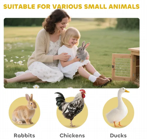 Vista 9 de PawHut Conejera con ruedas, escritorio y mesa auxiliar, jaula de madera para conejos, jaula de conejo pequeña impermeable con bandeja extraíble