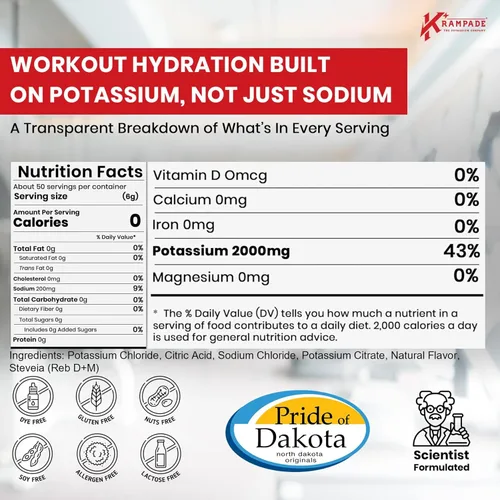 Vista 2 de Krampade Electrolitos con alto contenido de potasio en polvo, cero azúcar, lima limón, 4180 mg, electrolitos, 2000 mg de potasio, alivio