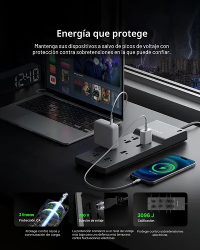Vista 4 de Belkin - Protector de sobretensiones de 8 salidas con 8 tomas de corriente alterna y enchufe plano de 8 pies, cable de extensión resistente de alta