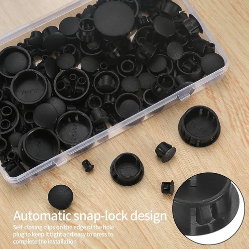 Vista 5 de Tapones de plástico para agujeros, 180 tapones de bloqueo de panel negro, tapas redondas para orificios de tornillo de taladro para gabinetes