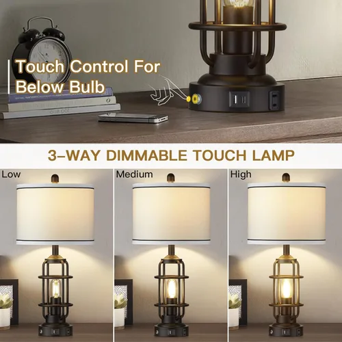 Vista 5 de Modern Table Lamps Set of 2, Industrial 3-Way Dimmable Bedside Lamp with USB A+C Ports & AC Outlet, 25" Touch Control Nightstand Lamp LED Night