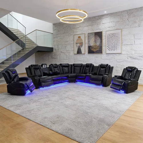 Vista 27 de Juego de sofá modular reclinable eléctrico para sala de estar, juego de sofá reclinable de cuero con luces LED / almacenamiento oculto, sofá en Beige