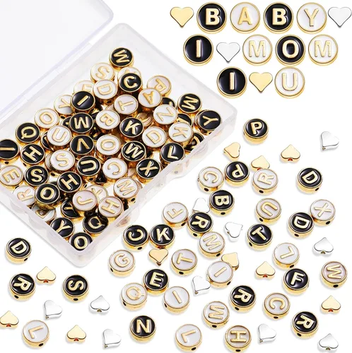 Sureio 114 piezas de cuentas de letras del alfabeto de aleación 8 mm planas redondas con letras de la A a la Z, cuentas de metal chapado con inicial