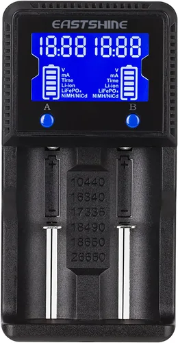 EASTSHINE Cargador de batería inteligente universal 2 ranuras para baterías recargables 1.2V Ni-MH Ni-Cd AA AAA C 3.2V LiFePO4 3.7V Li-ion IMR 18650