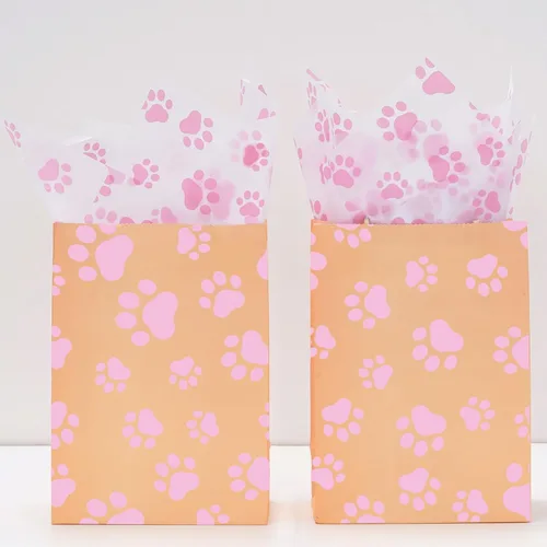 Vista 7 de Whaline 100 piezas de papel de seda con estampado de patas de mascotas, papel de regalo rosa y blanco, papel de embalaje de patas de perro, papel