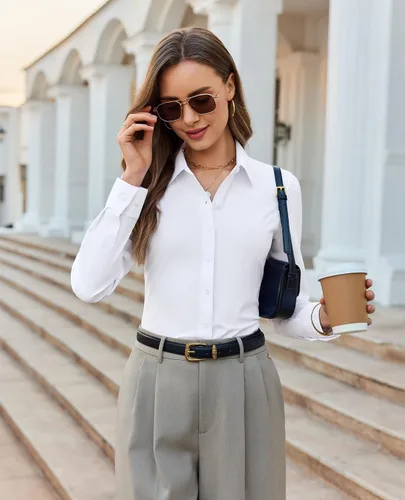 Vista 6 de Camisa con botones para mujer, ajustada, elástica, sin arrugas, para mujer, de manga larga, con cuello, blusa de trabajo para uso casual