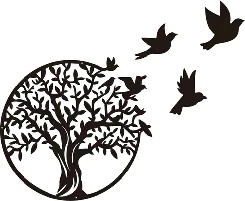40cm Metal Tree of Life Wall Art - 3 Flying Birds Wall Sculpture - Indoor and Outdoor Home Bedroom Decorations, Modern Round Wall Decor,Black