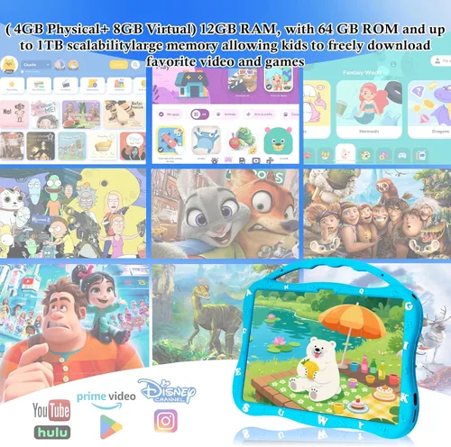 Vista 3 de MengDash Tableta para niños, tableta de 10.1 pulgadas para niños, tableta de aprendizaje educativo Android 14, 12 (4+8) GB de RAM+64GB de Azul