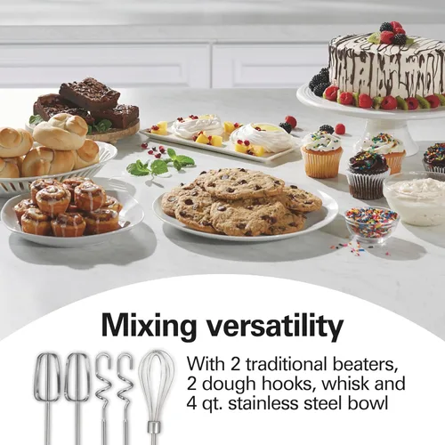 Vista 4 de Hamilton Beach Mezclador Clásico de Pie y de Mano, 4 Quarts, 6 Velocidades con QuickBurst, Soporte para Tazón, 290 Watts de Potencia Máxima, Azul