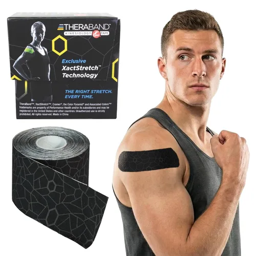 THERABAND Cinta de kinesiología, negro/gris, 1 rollo, con indicadores XactStretch, cinta atlética de larga duración para hombro y rodilla, cinta