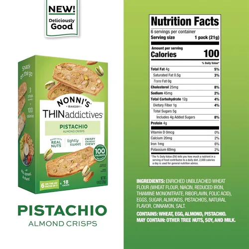 Vista 2 de Nonni's THINaddictives Galletas finas de almendras, galletas de pistacho y almendras, dulces crujientes y masticables, envueltas individualmente