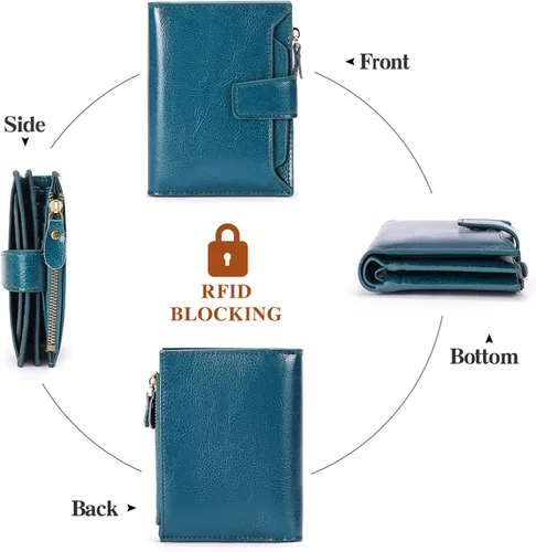 Vista 4 de FALAN MULE - Cartera de cuero auténtico para mujer, pequeña plegable , compacta, con interferencia de radiofrecuencia (RFID)