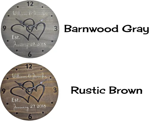 Vista 5 de Reloj de pared de madera personalizado de 11 pulgadas con corazones entrelazados para pareja, madera hecha a mano