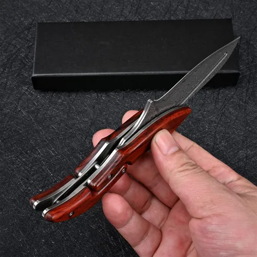 Vista 6 de Cuchillo plegable de acero de Damasco, cuchillo de bolsillo, mango de sándalo amarillo, cerradura mecánica, supervivencia para acampar al aire libre