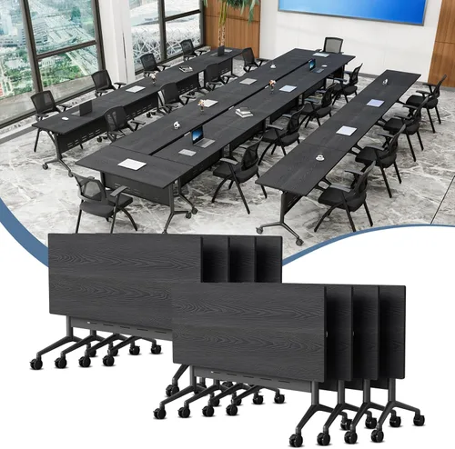 Vista 19 de Mesa de conferencias plegable con ruedas, mesa modular para sala de conferencias con 2 ojales para cables, mesas móviles de sala de reuniones