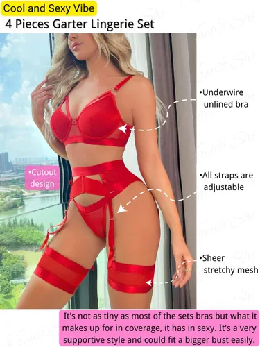 Vista 2 de Kaei&Shi - Lencería con liguero para mujer, conjunto de encaje traslúcido y sexy de 4 piezas combinadas