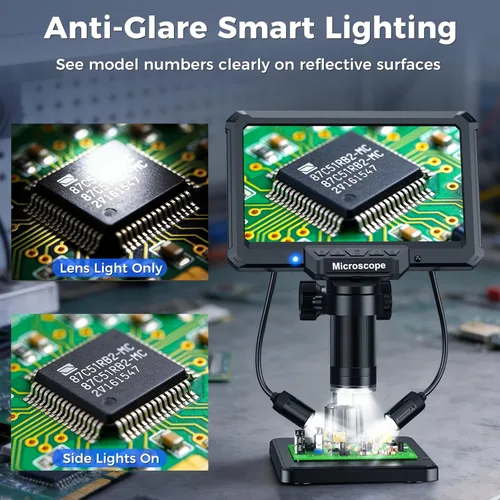 Vista 3 de Microscopio de soldadura digital de 7 pulgadas con control remoto para reparación de electrónica, lupa PCB de pantalla IPS 1200X, salida HDMI/USB