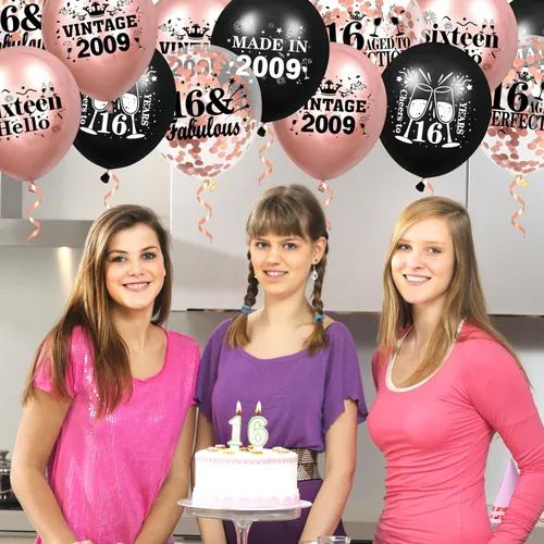 Vista 6 de Globos de cumpleaños número 16, 18 globos de oro rosa y negro 2009, decoraciones de fiesta de cumpleaños de 16 para niñas, globos de látex