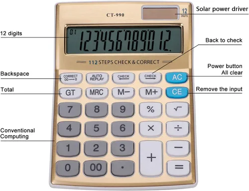 Vista 4 de Calculadora de escritorio de función estándar con pantalla LCD grande de 12 dígitos con energía solar, oro