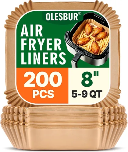 OLESBUR Forros desechables para freidora de aire, 200 forros de papel para freidora de aire de 8 pulgadas, papel pergamino sin blanquear para