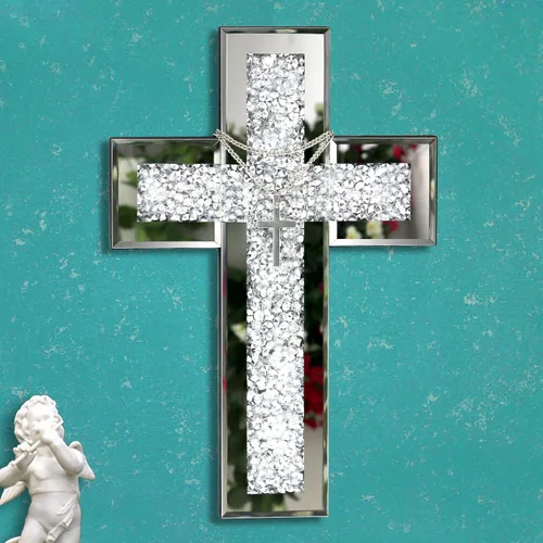 GIMORRTO Decoración de pared con cruz espejada, cristal de diamante triturado, arte de pared religioso (pequeño)