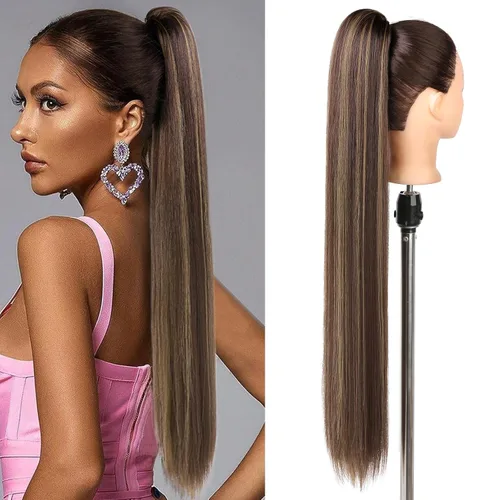 Vista 26 de SEIKEA - Extensión de cola de caballo larga con cordón, cola de caballo falsa recta y natural, extensión de cabello sintético suave con clip