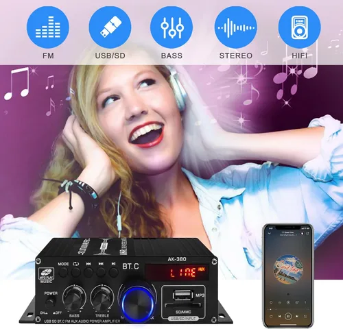 Vista 3 de Amplificador de potencia de audio Bluetooth 5.0 AK-380 400W+400W 2.0 CH Receptor de amplificador estéreo HiFi con USB, SD, AUX, antena FM