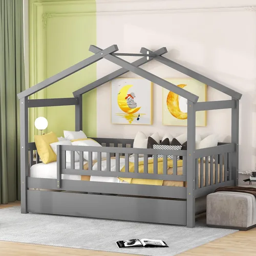 Vista 188 de Merax Cama de madera de tamaño individual con dos cajones, marco de cama de madera con techo para niños, adolescentes, niños o niñas, gris