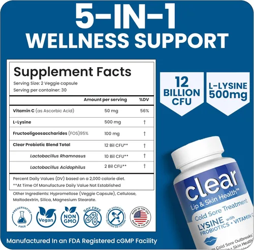 Vista 7 de Tratamiento de lisina para el herpes labial con preprobióticos y VIT C Suministro de 1 mes Cápsulas de lisina supercargadas con Rhamnosus