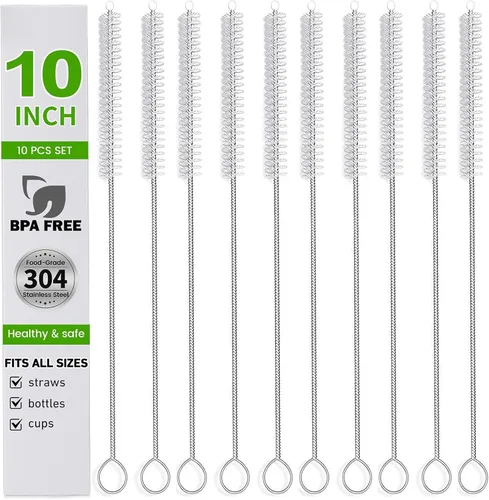 Vista 8 de Paquete de 10 cepillos limpiadores de popotes reutilizables, varios tamaños con asas de acero inoxidable extralargas y cerdas de nailon flexibles