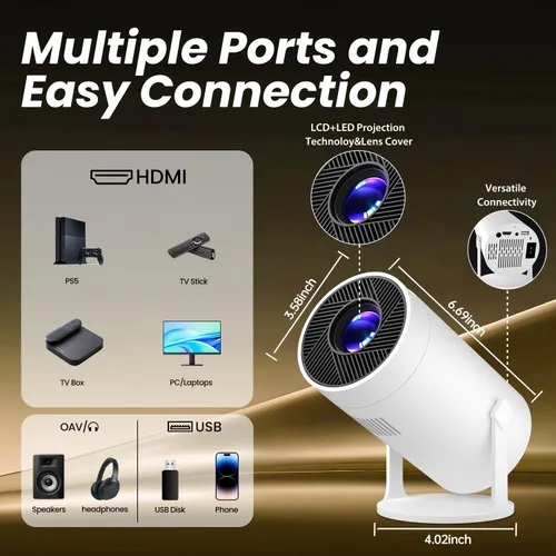 Vista 7 de Mini Proyector con WiFi y Bluetooth, Soporte 4k, Proyector Portátil para Exteriores, Proyector Inteligente con Android, Aplicación Integrada
