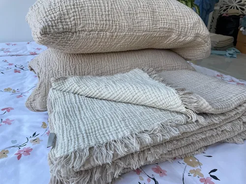 Vista 6 de Manta de muselina 100% algodón, colcha de 4 capas, funda de cama suave de muselina de algodón turco, colcha reversible, beige