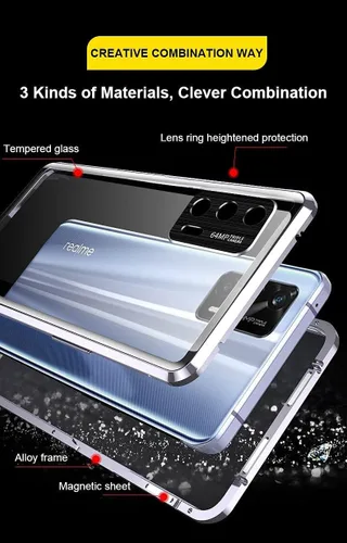Vista 2 de Funda compatible con Realme GT Master Edition transparente, marco magnético de metal delgado, vidrio templado de doble cara, transparente, a prueba