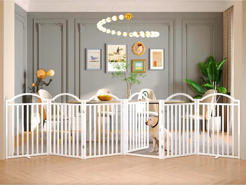 Vista 7 de BHG Puerta para Perros de Metal Sin Ensamblaje Independiente con Puerta de Paso, Extra Ancha 96", Puerta para Mascotas Extra Alta 32", Parque