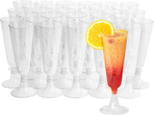 Vista 13 de MATANA 24 flautas de champán con purpurina dorada de 5 onzas, flautas de champán de plástico transparente reutilizables, paquete al por mayor, copas