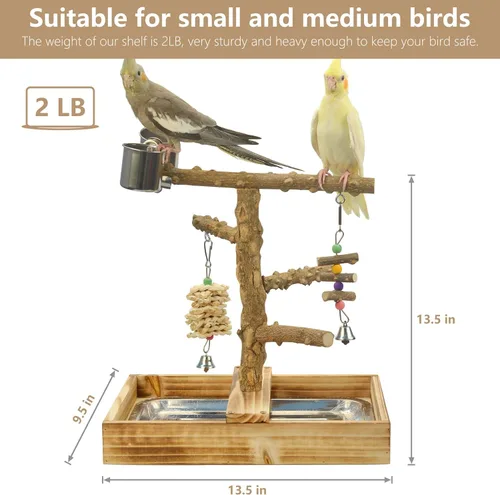 Vista 3 de LIMIO Juguetes de Madera Natural para Pájaros Zona de Juegos, Accesorios para Jaula de Pájaros, Perchas para Pájaros, con Bandeja Extraíble y 2
