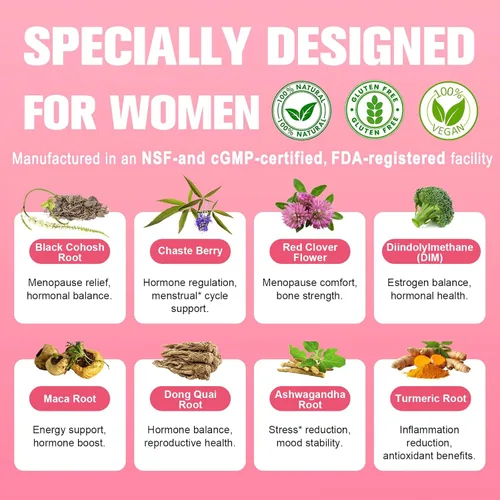 Vista 6 de Suplementos de menopausia 40 en 1 para mujeres, multibeneficio y cohosh negro completo para sofocos, sudores nocturnos y equilibrio hormonal