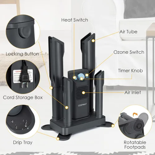 Vista 8 de COSTWAY Boot Dryer, Shoe Dryer with 180 Mins Timer & Heating Blower, Ozone Disinfection, Extendable Design