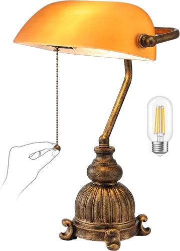 Vista 11 de Newrays Lámpara de escritorio tradicional de cristal verde banqueros con interruptor de cadena enchufable, bombilla LED incluida