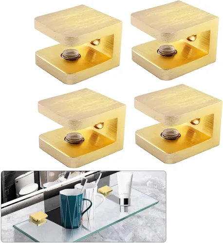 Vista 7 de AWEN 4 abrazaderas de ducha, sin taladro, panel fijo para puerta de ducha, soporte de abrazadera en U (dorado para vidrio de 39.843 in)