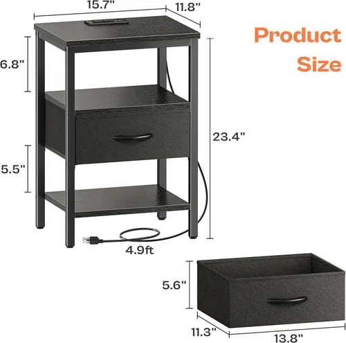 Vista 7 de SUPERJARE - Juego de 2 mesitas de noche con base de carga, cajón de tela ajustable, mesita de noche para dormitorio, mesas auxiliares de 3 niveles