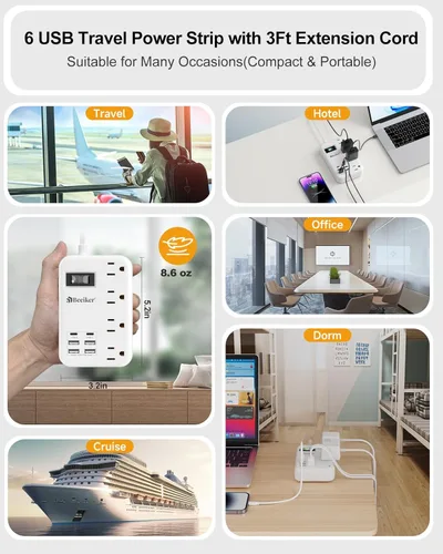 Vista 7 de Regleta de Alimentación de Viaje con 6 USB (2 USB C), Cable de Extensión con Enchufe Plano de 3 Pies con Estación de Carga USB de 4.8A 24W y 4