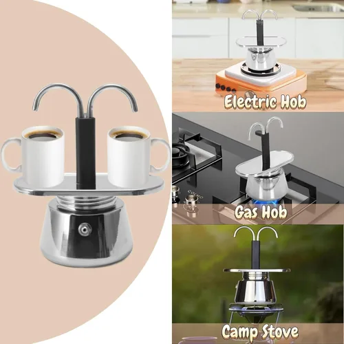 Vista 5 de VINGVO Olla para 2 tazas de 3.4 fl oz, mini cafetera de doble cabezal, portátil de acero inoxidable, cafetera eléctrica italiana Vespresso