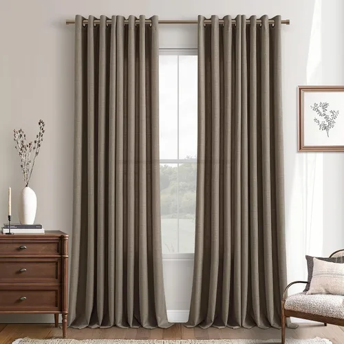 Vista 51 de Cortinas de Lino Taupe de 96 Pulgadas de Largo para Sala de Estar con Ojales de Bronce Estilo Rústico de Granja Semi Transparentes con Filtrado